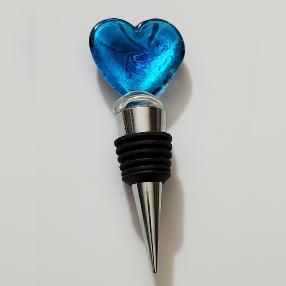 Wine bottle topper heart hand blown glass murano style blue foil Valentine’s Day - Picture 5 of 6